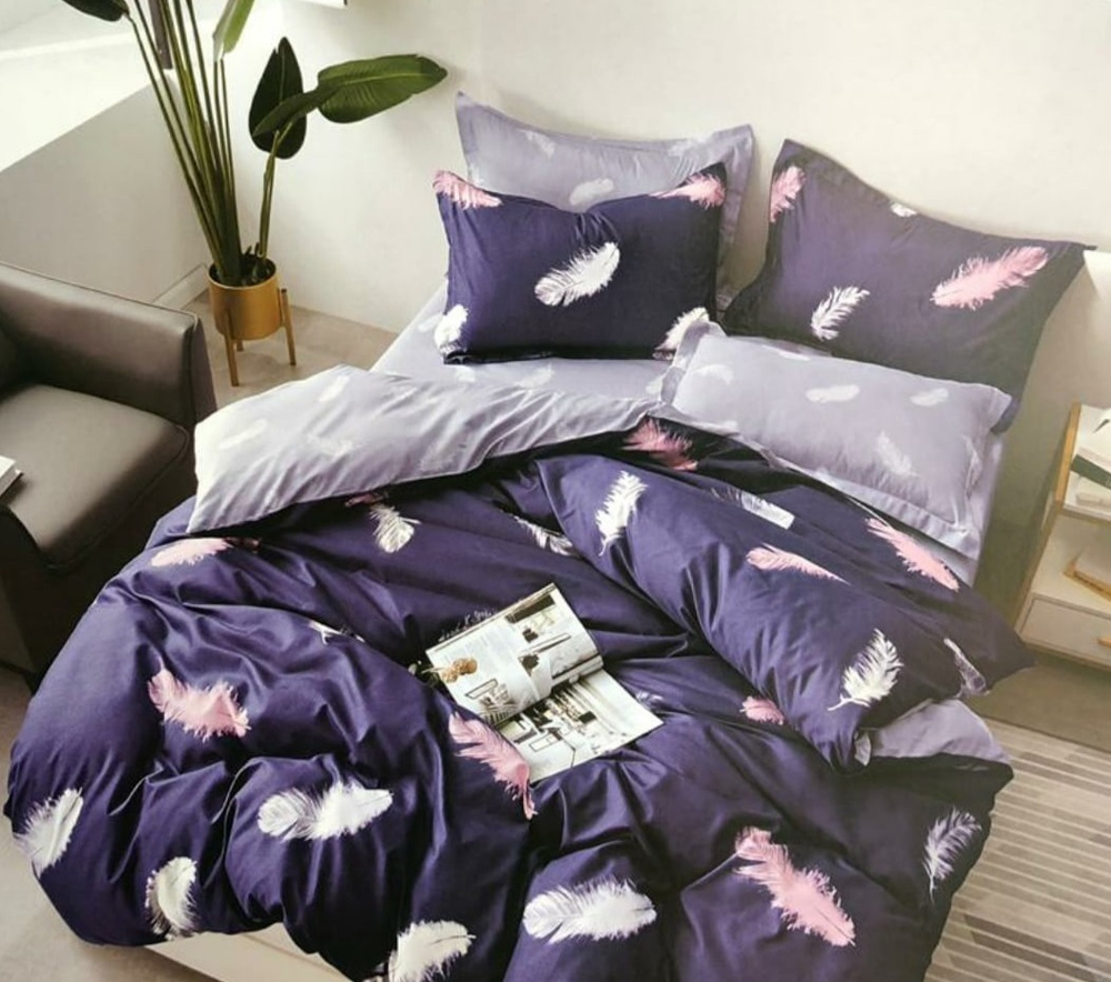 2-спальное постельное белье из сатина Фиолетовое с перьями