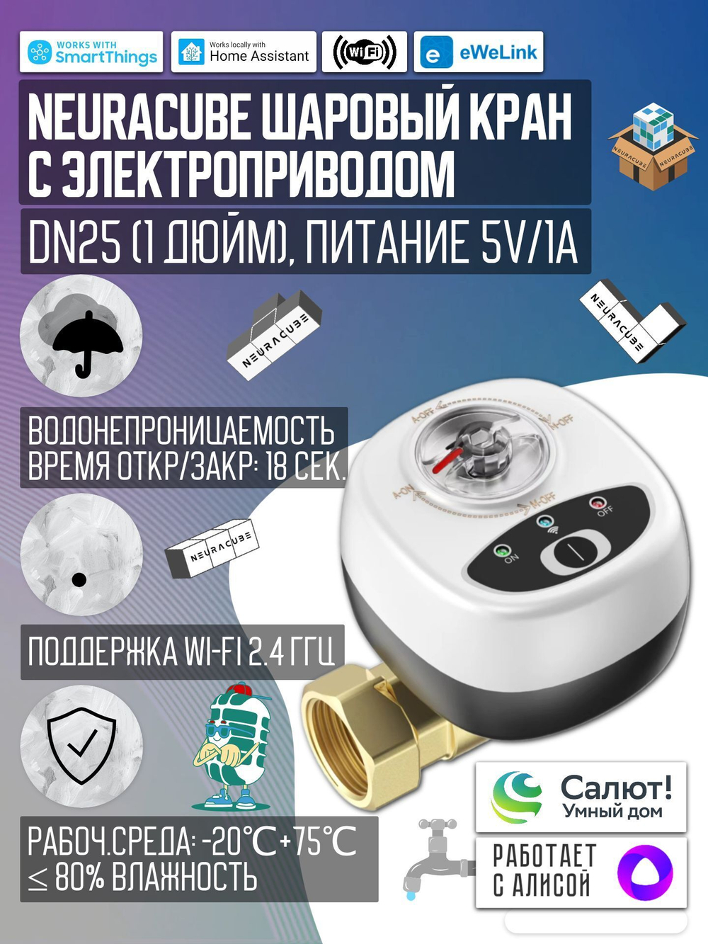 Умный WiFi шаровый кран с электроприводом DN25 (1" дюйм) USB5V + ручное управление (Работает с eWelink, Алиса)