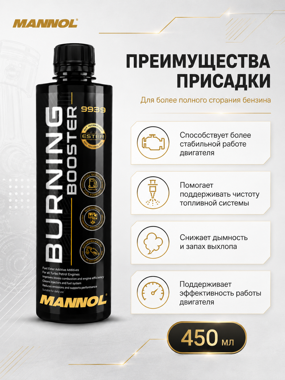 9939 MANNOL ADDITIVE BURNING BOOSTER активатор полного сгорания топлива, 450мл