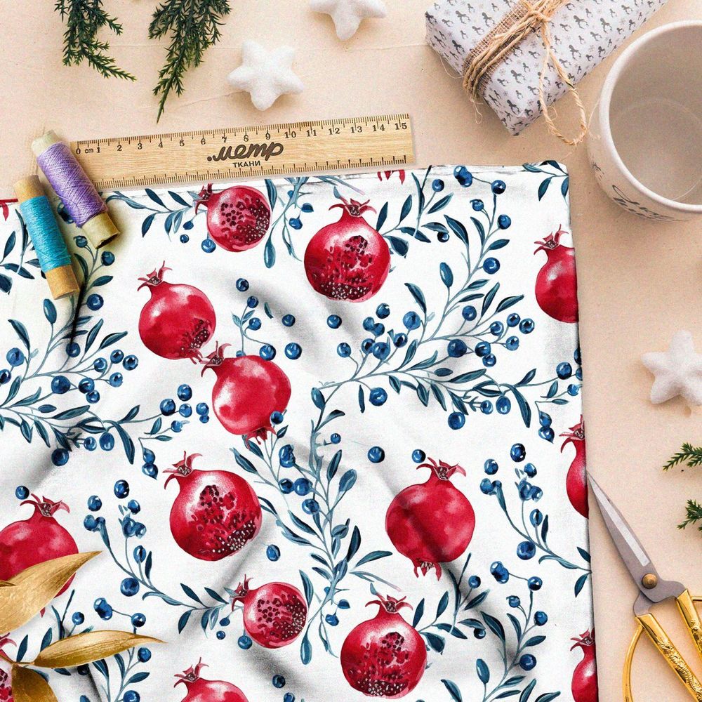 Ткань премиум бифлекс плоды граната с голубыми ягодами