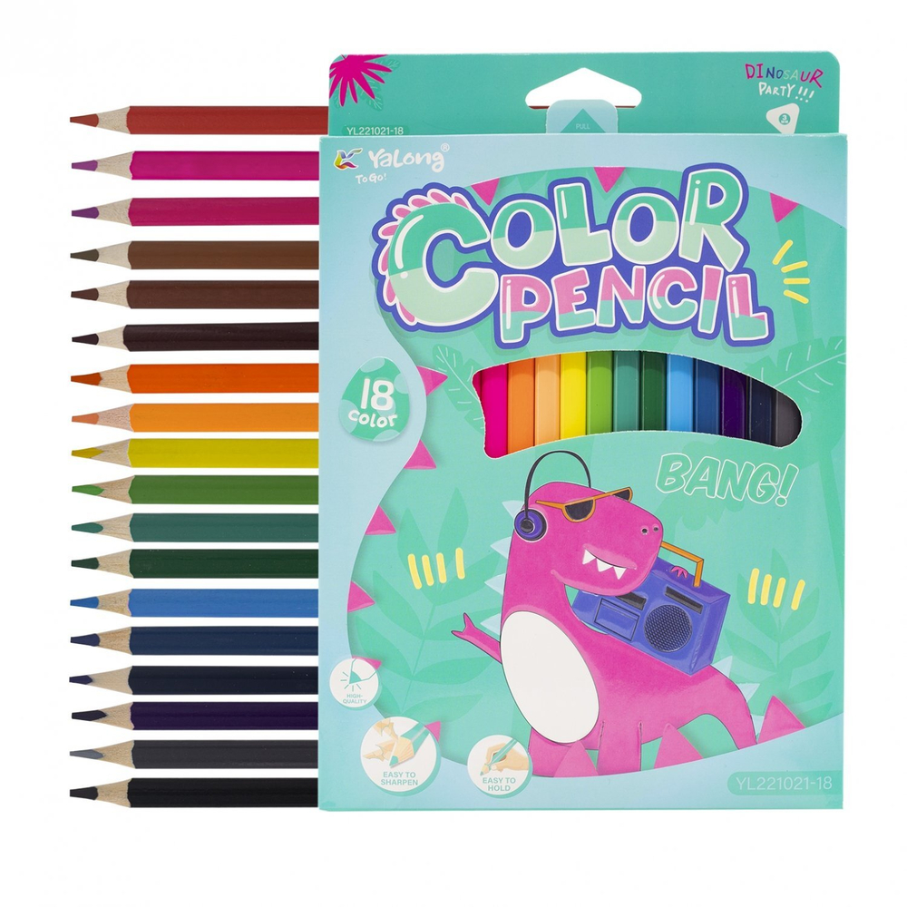 Карандаши цветные Yalong 18 цв., "DINO. BANG!" деревянные, трехгранные, заточенные, грифель 3.0 мм, картон. уп., европодвес