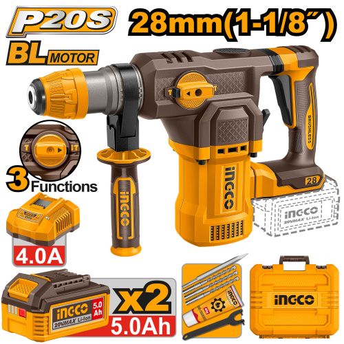 Аккумуляторный перфоратор BL 20В, 4,5Дж 2хАКБ 5Ач и ЗУ 4А INGCO CRHLI202862 INDUSTRIAL