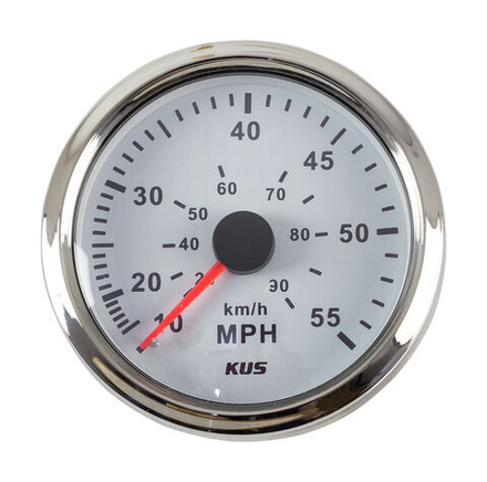 Спидометр манометрический 0-55 MPH, белый циферблат, нержавеющий ободок, д. 85 мм
