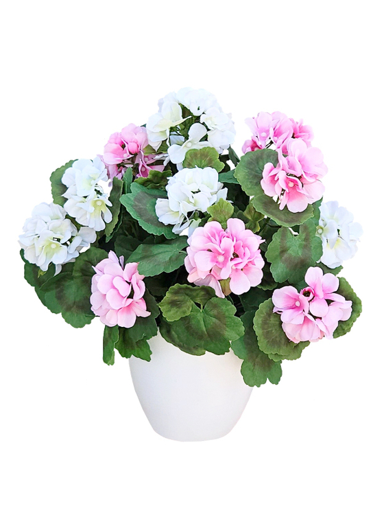 Искусственная Герань бело-розовая густая 40см в белом кашпо