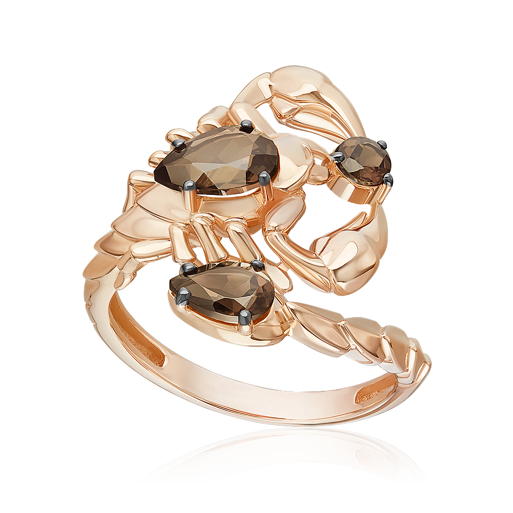 Кольцо «Скорпион» из красного золота с кварцем дымчатым