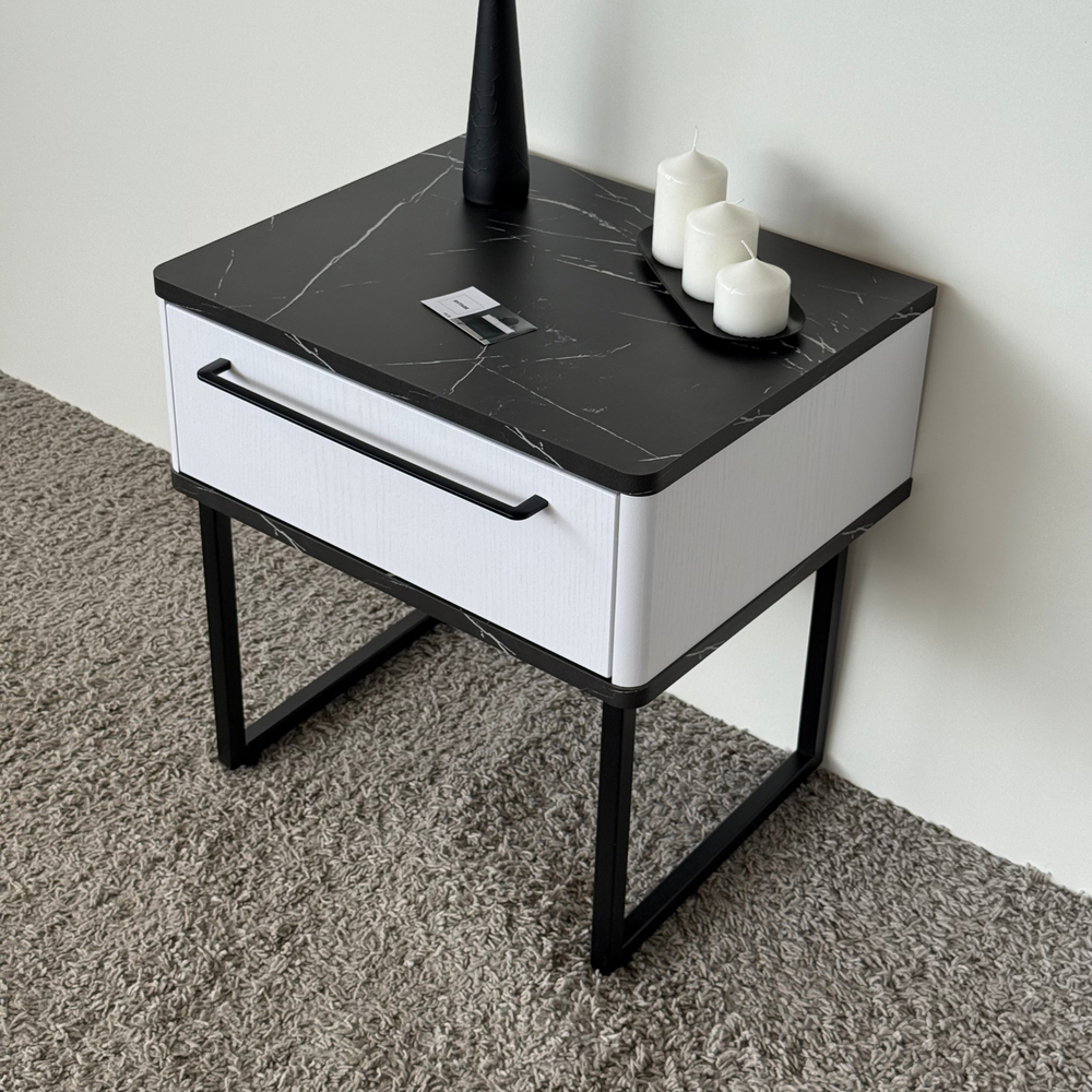 Тумба прикроватная на ножках ROYAL 5201 эко (Мрамор Неро-Черный-р.черная)
