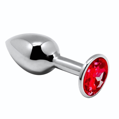 Серебристая анальная втулка Mini Metal Butt Plug Size M с красным кристаллом (Цвет: серебристый)