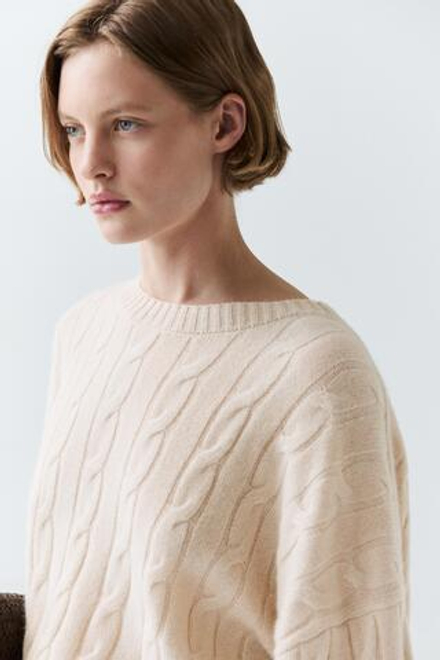 Massimo Dutti Свитер из 100% кашемира с косами, бежевый
