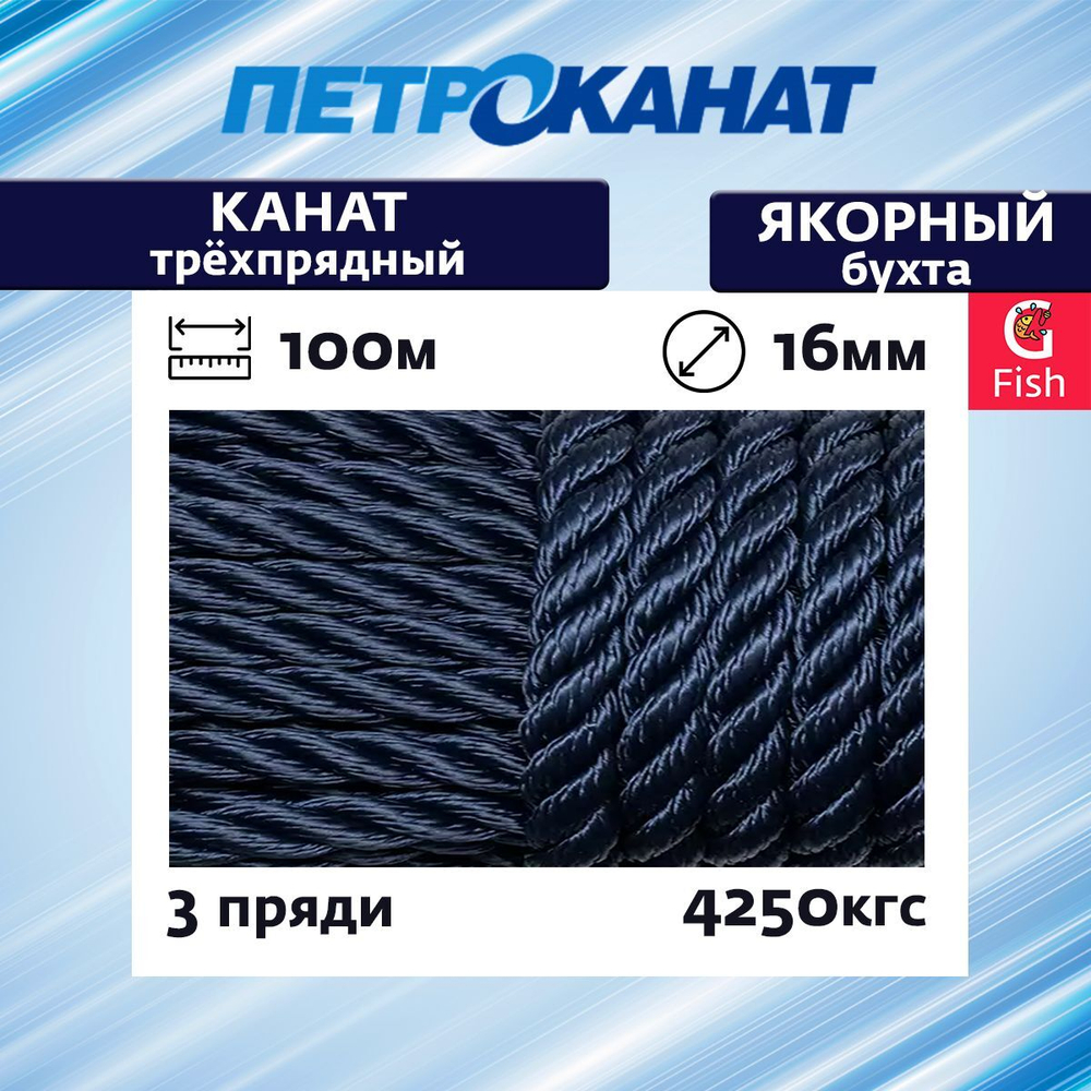 Швартовый трос (канат крученый) Петроканат ЯКОРНЫЙ 12,0 мм, темно-синий Navy Blue, 2200 кг, 30 м, евромоток