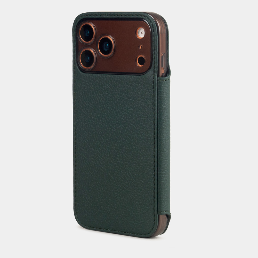 Чехол-книжка кожаная для iPhone 17 Pro Max, теленок темно-зеленого цвета