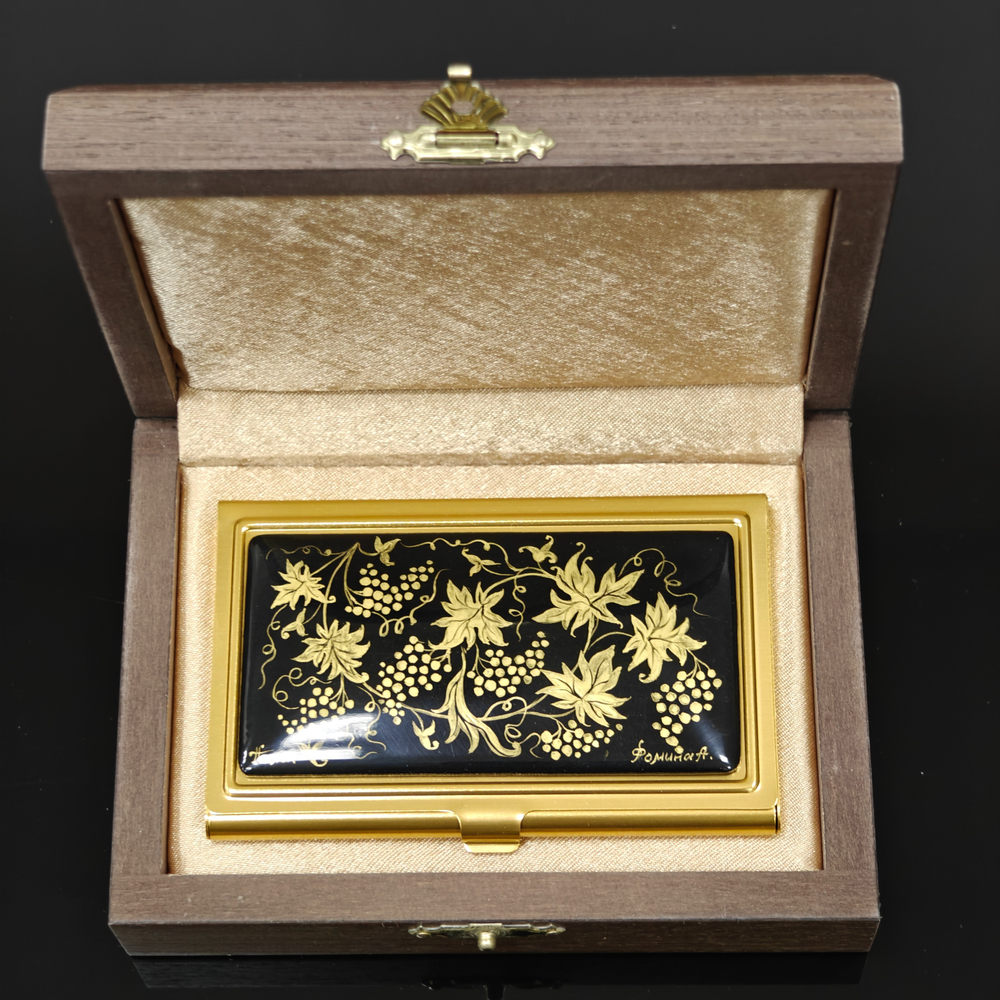 Коллекционная визитница "Золотой виноград" с ручной росписью Палех в футляре