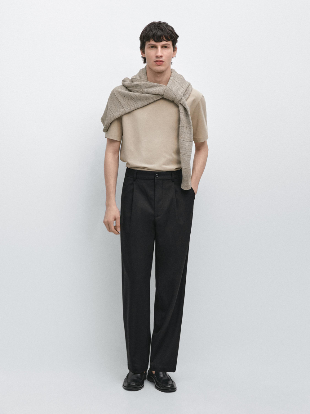 Massimo Dutti Футболка с коротким рукавом из смесовой хлопковой ткани, песочный