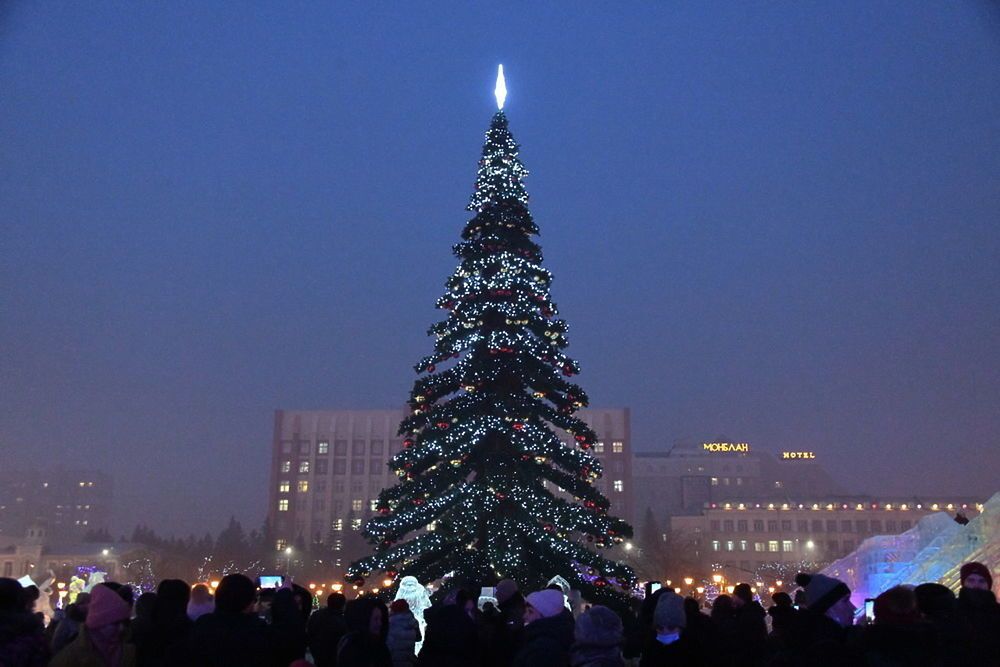 Светодинамическая елка ствольная - встроенная гирлянда: Теплый свет - "Таежная" от 11 до 21 м