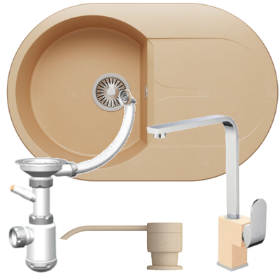 Мойка POLYGRAN ATOL-760 бежевый №27, смеситель КВАДРО бежевый