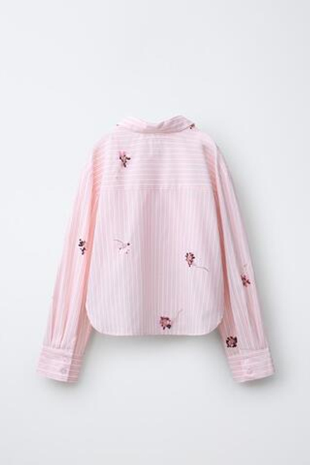 ZARA РУБАШКА И ТОП В ПОЛОСКУ С ЦВЕТАМИ И ПАЙЕТКАМИ, ПАСТЕЛЬНО-РОЗОВЫЙ