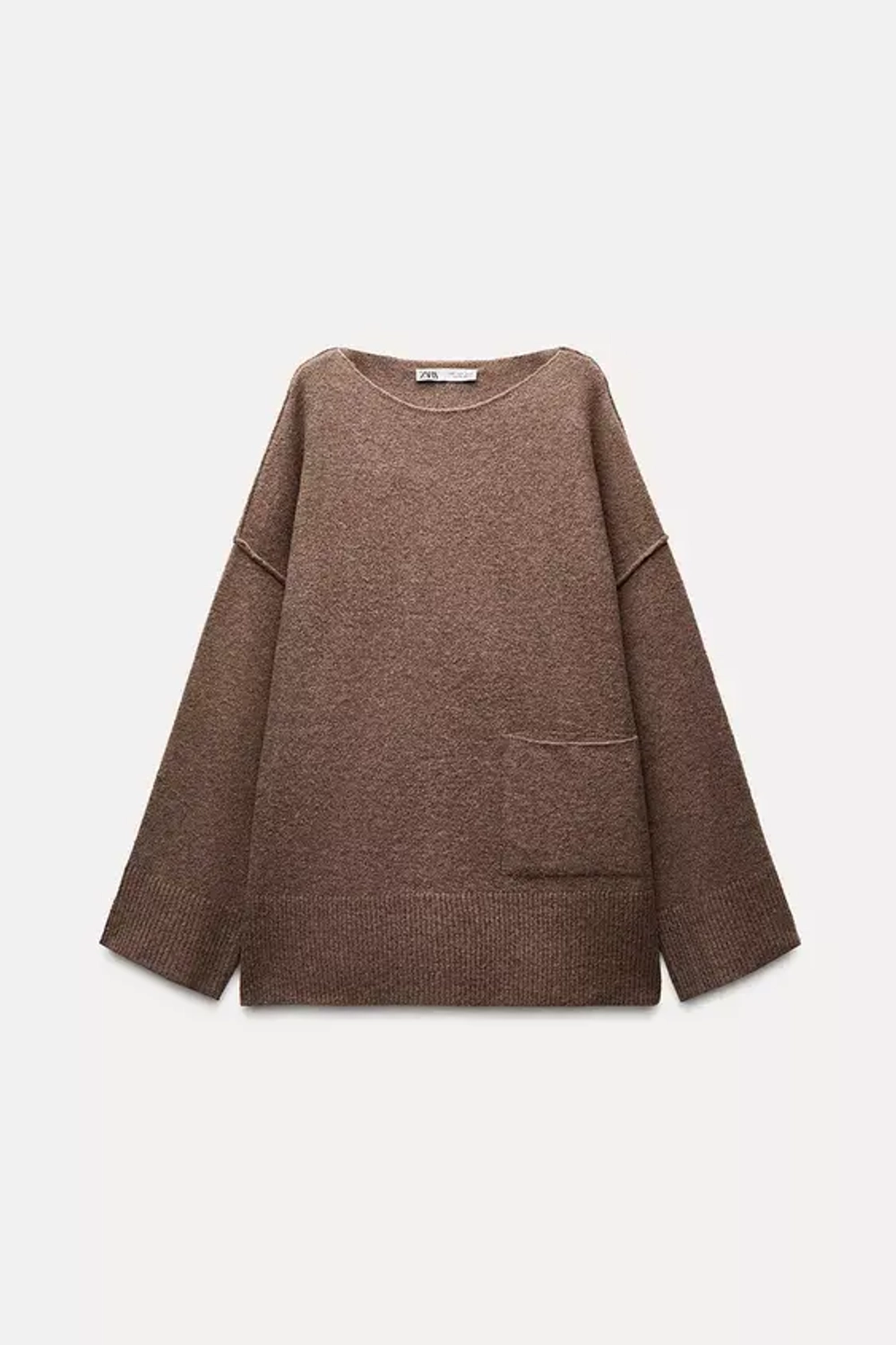 ZARA ОДНОТОННЫЙ СВИТЕР С КАРМАНОМ, СЕРО-КОРИЧНЕВЫЙ С МЕЛАНЖЕВЫМ ЭФФЕКТОМ