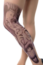 Колготки с принтом-тату в виде девушки с купюрами (Размер: S-M-L) (Цвет: бежевый)