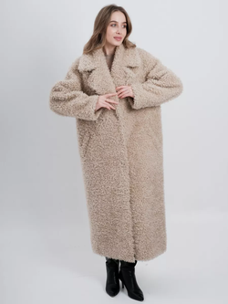 Шуба чебурашка длинная из овечьей шерсти, светло-бежевая, SilverFox
