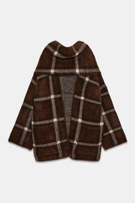 ZARA КОРОТКОЕ ТРИКОТАЖНОЕ ПАЛЬТО С ШАРФОМ В КЛЕТКУ, КОРИЧНЕВЫЙ