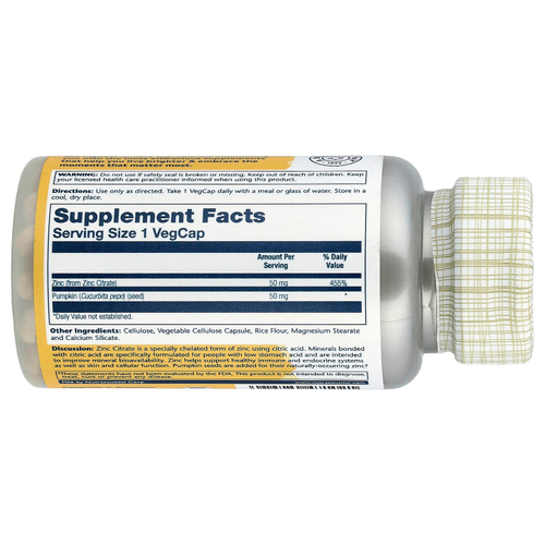 Solaray, Цитрат цинка с тыквенными семечками, 60 вегетарианских капсул