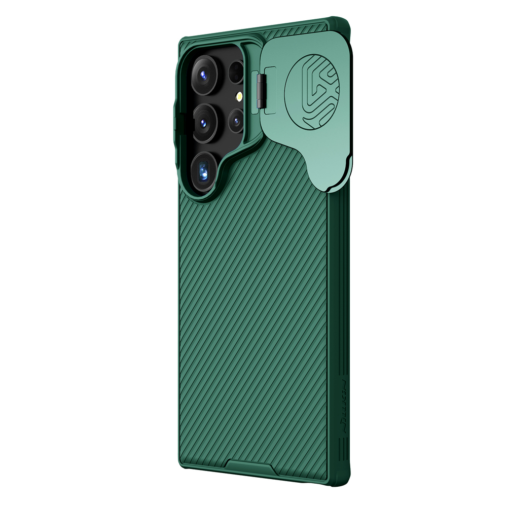 Чехол зеленого цвета (Deep Green) от Nillkin с металлической откидной крышкой для камеры на Samsung Galaxy S24 Ultra, серия CamShield Prop Case