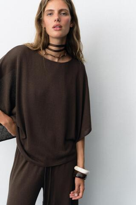 ZARA ТОП В РУСТИКАЛЬНОМ СТИЛЕ С КОРОТКИМИ РУКАВАМИ, КОРИЧНЕВЫЙ