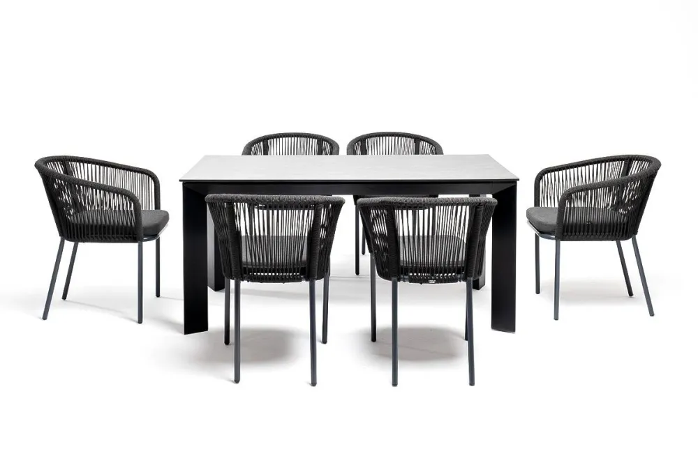 "Венето" обеденная группа на 6 персон со стульями "Марсель", каркас темно-серый, роуп темно-серый