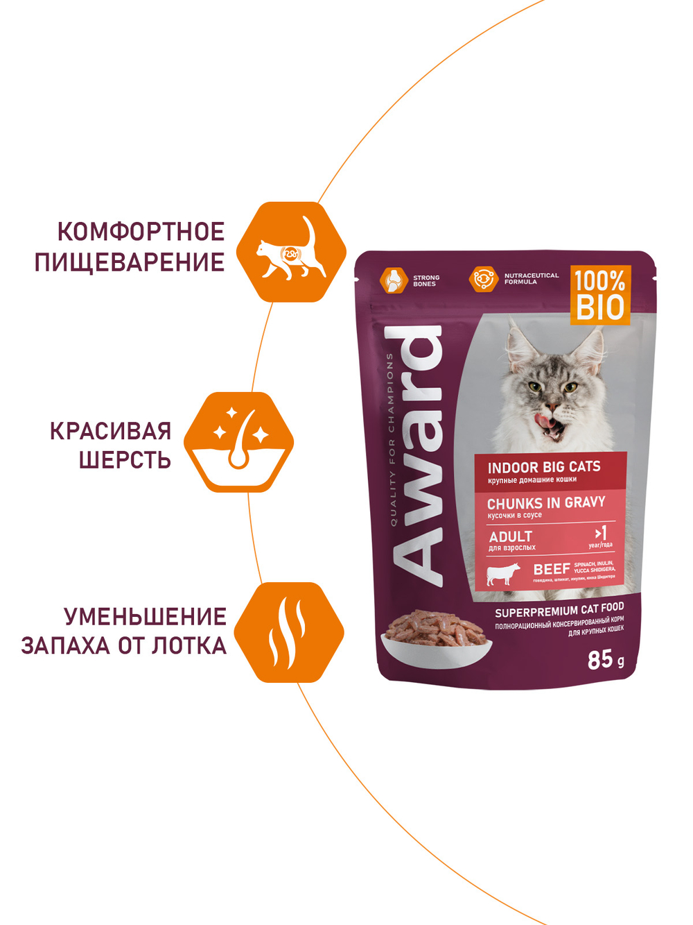 Влажный корм AWARD Indoor big cats для взрослых домашних кошек крупных пород, кусочки в соусе с говядиной 85г