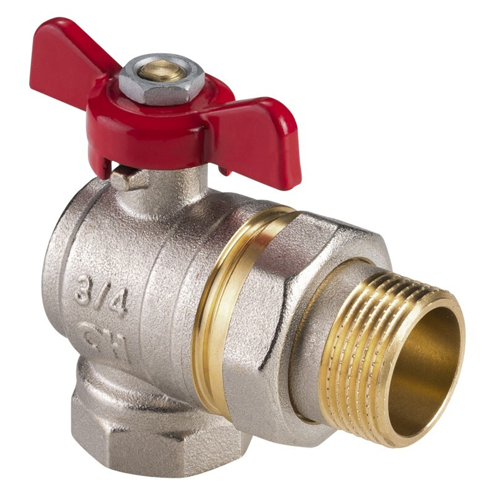Кран латунный шаровой MVI AquaHit BV.322.04, DN 15, PN 25 бабочка, американка, полнопроходной, угловой, никелированный