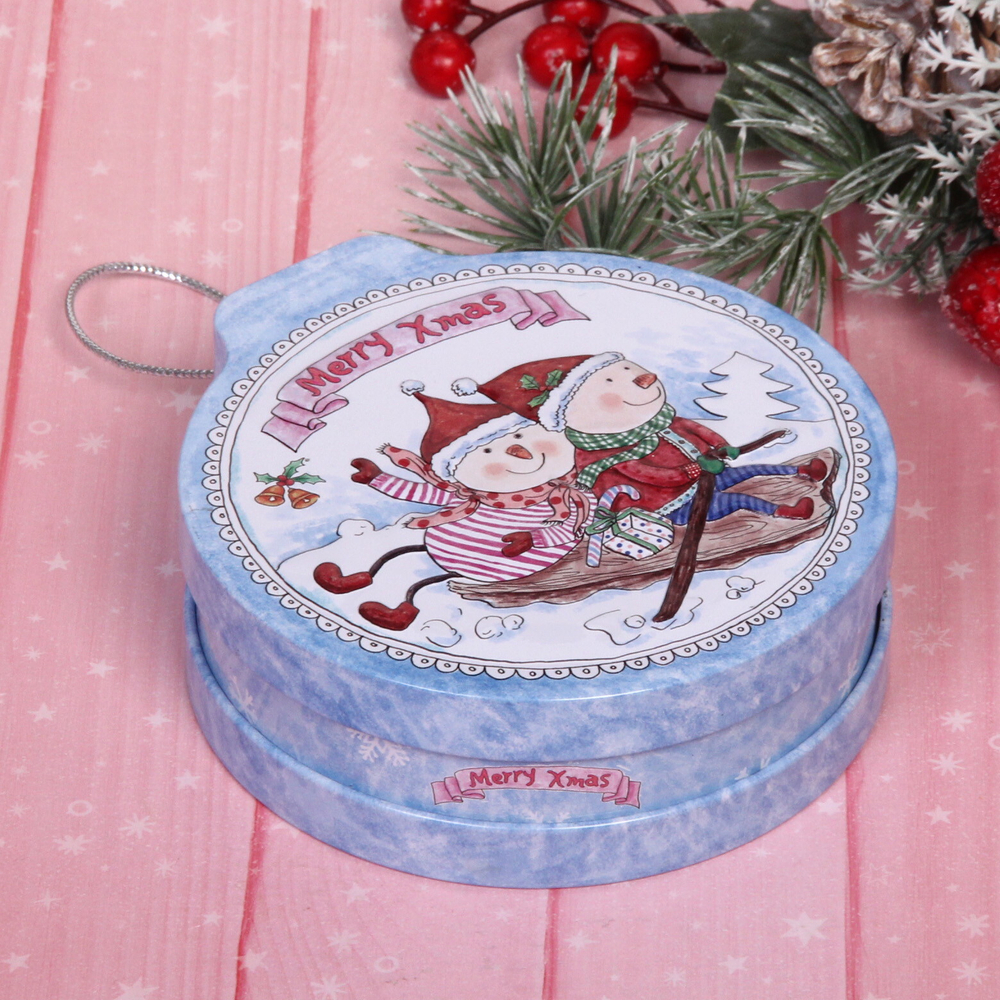 Банка жестяная 200мл 11,2*12,2*4см «Снеговики на санках» двухсторонняя