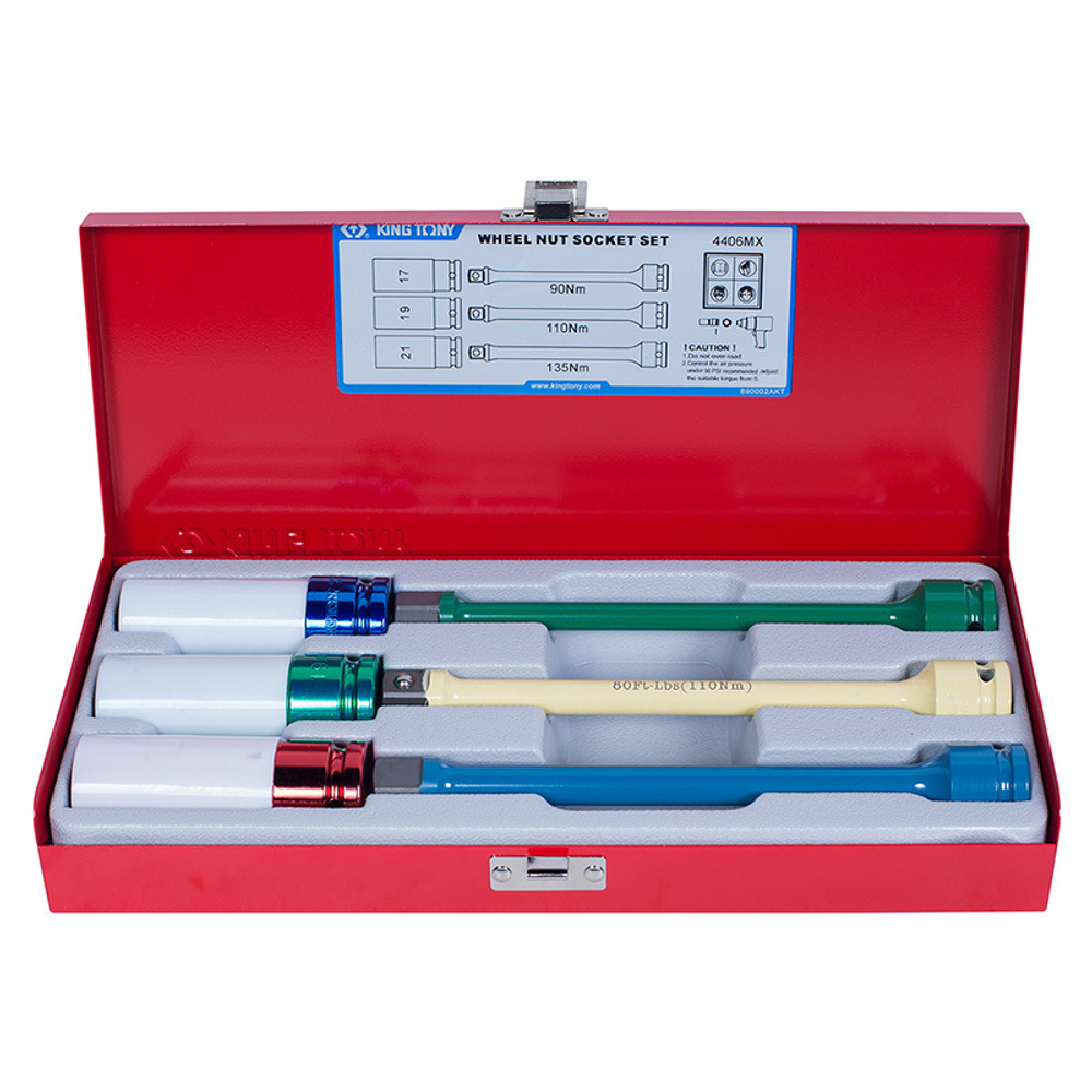 KING TONY (4406MX) Набор глубоких ударных торцевых головок и торсионных удлинителей 1/2", 17, 19, 21 мм