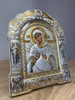 Семистрельная БМ, икона арочная с рамкой под стеклом, белое дерево 206х270