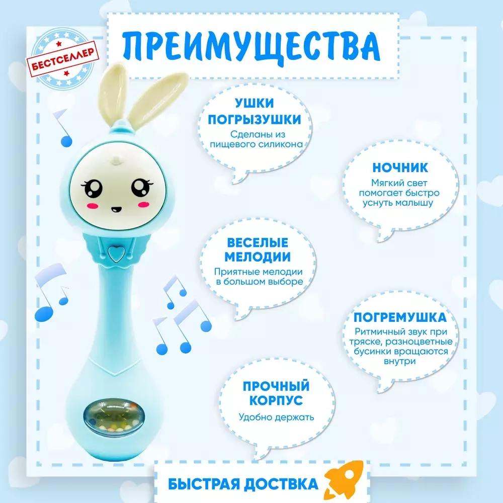 "Умный Заяц" умный обучающий интерактивный, голубой