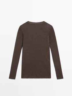 Massimo Dutti Футболка из 100% хлопка с деталями на воротнике, коричневый