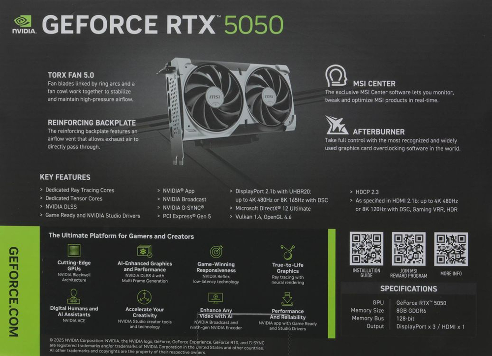 Видеокарта MSI NVIDIA  GeForce RTX 5050 RTX 5050 8G VENTUS 2X OC 8ГБ Ventus 2X, GDDR6, OC,  Ret