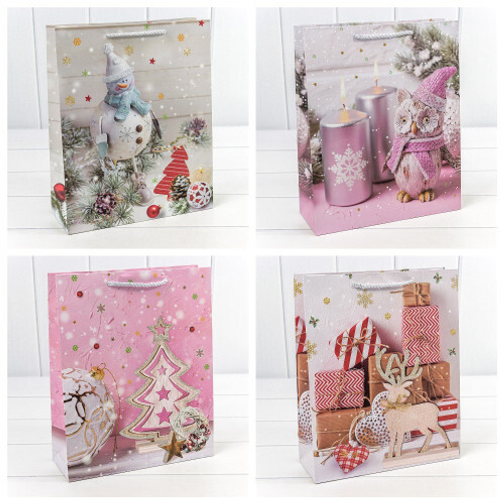 Пакет подарочный 26 х 32 х 10 см Набор 4 шт "Новый год" (Розовый)