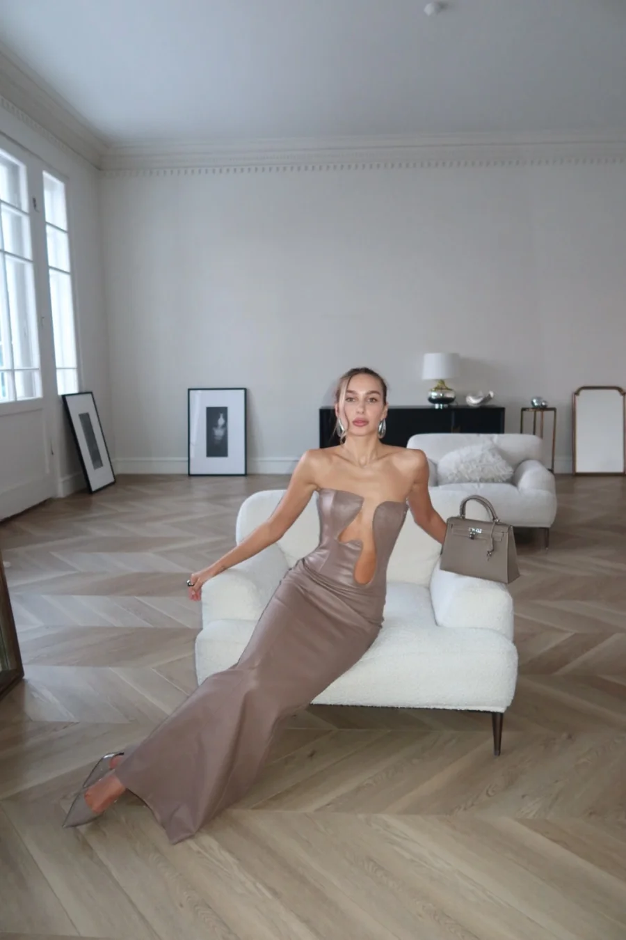 Платье макси из экокожи с металлической вставкой, Бежевый