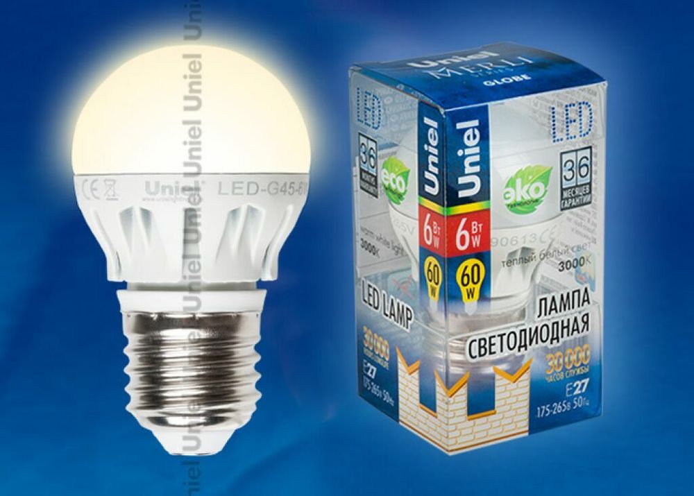 LED-G45-6W/WW/E27/FR ALM01WH Лампа светодиодная. Форма шар, матовая колба. Материал корпуса алюминий. Цвет свечения теплый белый. Серия Merli. Упако