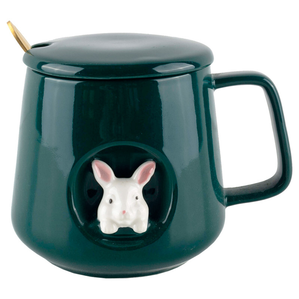 Керамическая кружка с крышкой и ложкой, 10*7,8 см, розовый/зеленый 380 мл