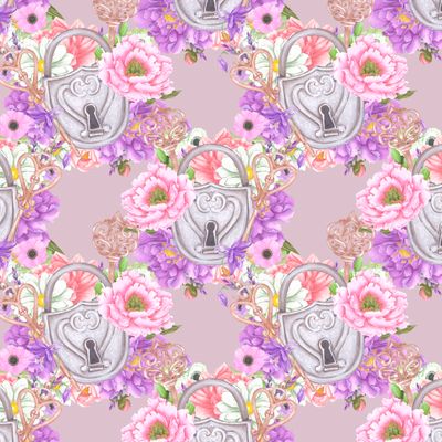 Винтажные замки с ажурными ключами и букетом цветов на темно-пудровом фоне