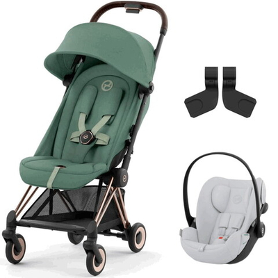 Коляска Cybex Coya Rosegold Frame Cloud G i-Size Fog Grey Leaf Green с дождевиком и бампером