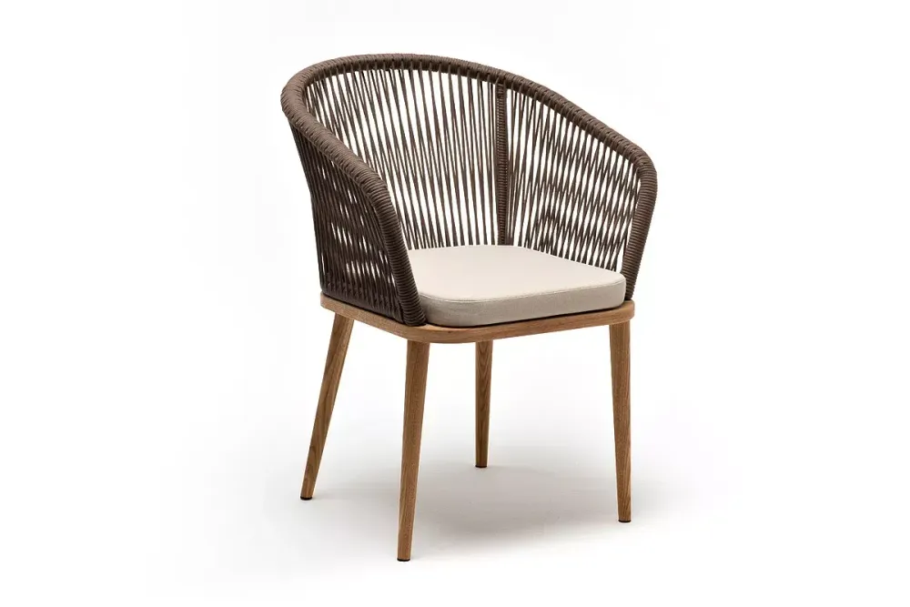 "Марсель" стул плетеный из роупа, основание дуб, роуп коричневый круглый, ткань бежевая 052