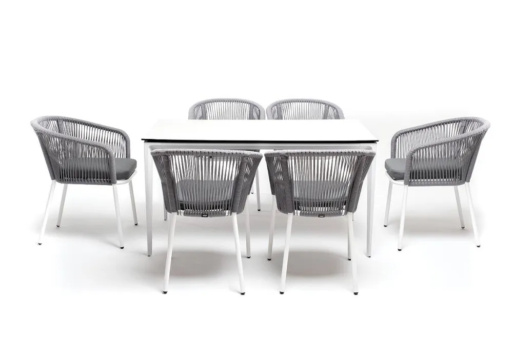 "Малага" обеденная группа на 6 персон со стульями "Марсель", каркас белый, роуп светло-серый