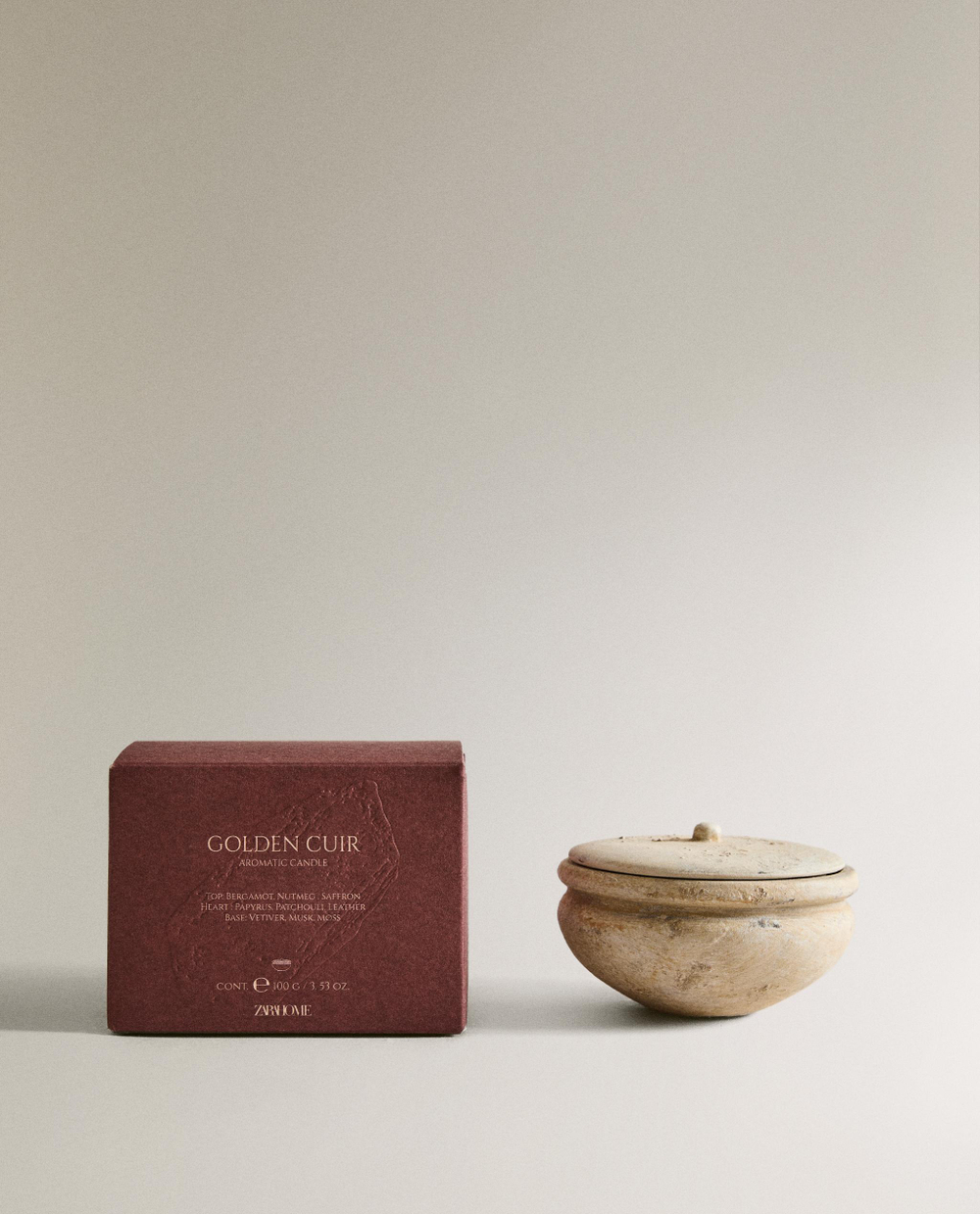Zara Home Свеча ароматическая Golden Cuir 100 г, растительный воск, аромат восточный древесный, Коричневый