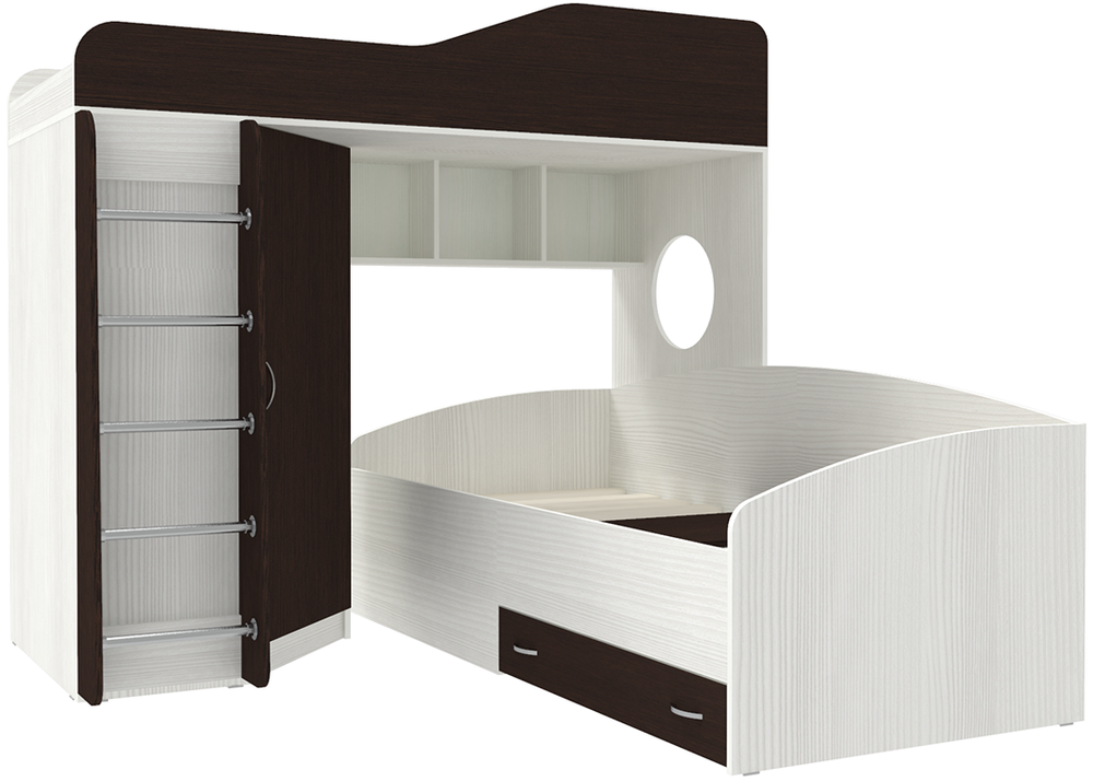 Кровать-чердак КарИВи Кадет 2 с металлической лестницей Белое Дерево Венге