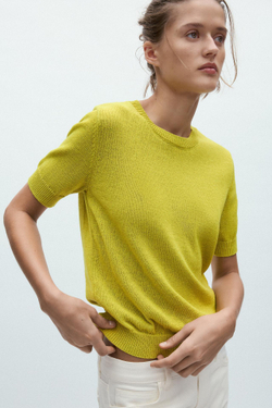 ZARA ОДНОТОННЫЙ ТРИКОТАЖНЫЙ ТОП В СТИЛЕ РУСТИК, ЛАЙМОВЫЙ