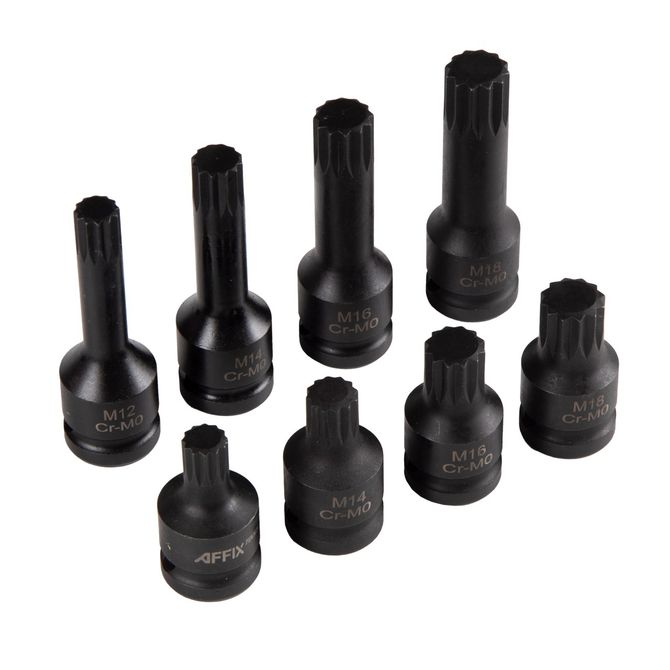 AFFIX (AF00746008C) Набор ударных торцевых насадок 1/2", Spline, M12-M18, I = 45-78 мм, кейс, 8 предметов