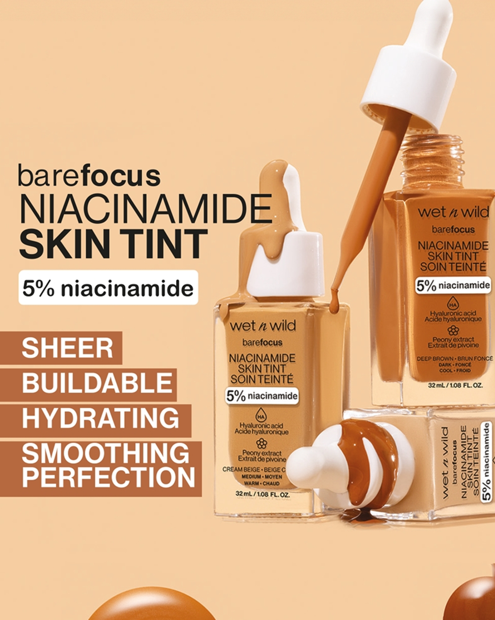 Wet n Wild BareFocus Niacinamide Skin Tint - Легкое увлажняющее тональное средство оттенок Cream Beige (Warm), 32 ml