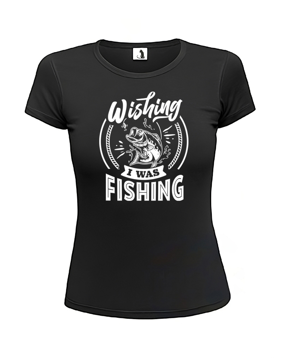 Футболка Wishing I was fishing женская приталенная черная с белым рисунком