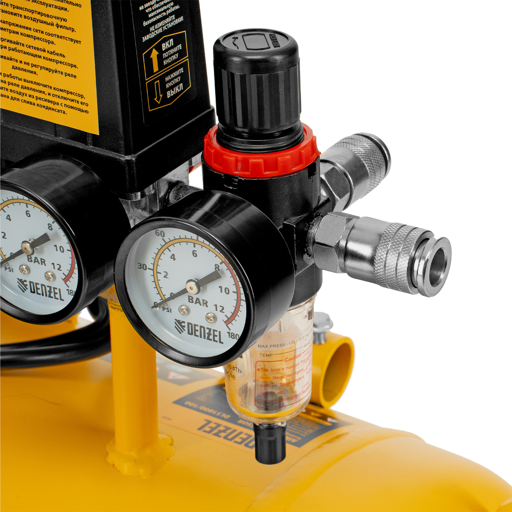 Компрессор безмасляный, малошумный DLS 3300/100, 3300 Вт,3x1100, 100 л, 570 л/мин ,блок управления Denzel